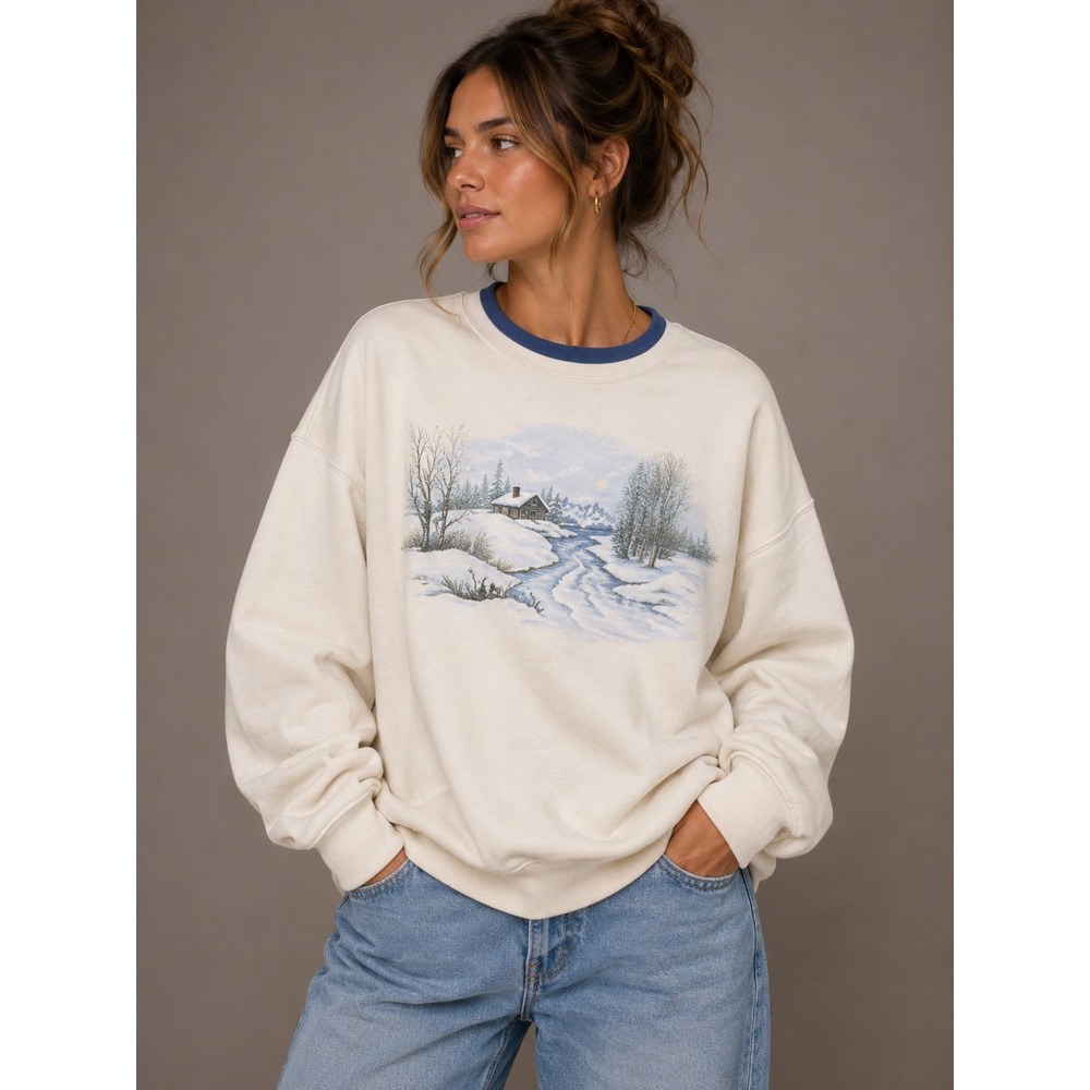 Morning Sun Vintage Winter Cabin Graphic Sweatshirt Cream Blue Collar 2X Woman‎
